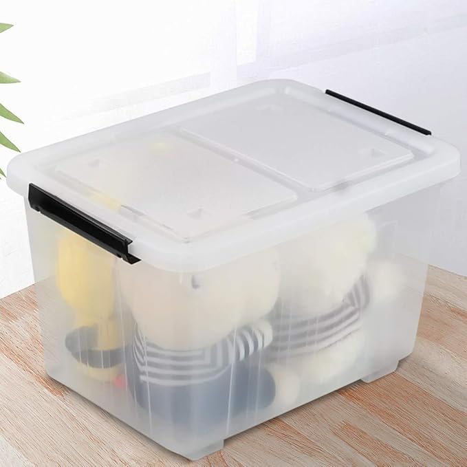 Callyne 30 L Clear Plastic Storage Box with Wheels, 4-Pack Clear Plastic Storage Latch Bin