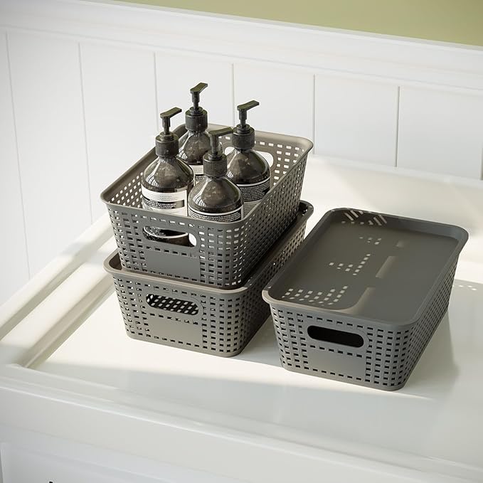 6-Pack Plastic Storage Bins with Lids, Stackable Organizer Baskets & Containers for Pantry, Kitchen, Cabinet, Closet, Bathroom Organization Toys, Space Saving, Easy-Carry Handles,Gray