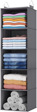 Lifewit 5 Tier Hanging Closet Organizer and Storage for Shelves, Foldable Clothes Storage Shelf with 2 Sturdy Hooks for Clothing Organization, Dorm Room Essentials for Guys, Gray