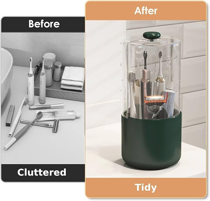 YOOLENS Toothbrush Holder with Cover 360 Rotating 4 Compartments Bathroom Toothpaste Electric Toothbrush Organizer, Dark Green