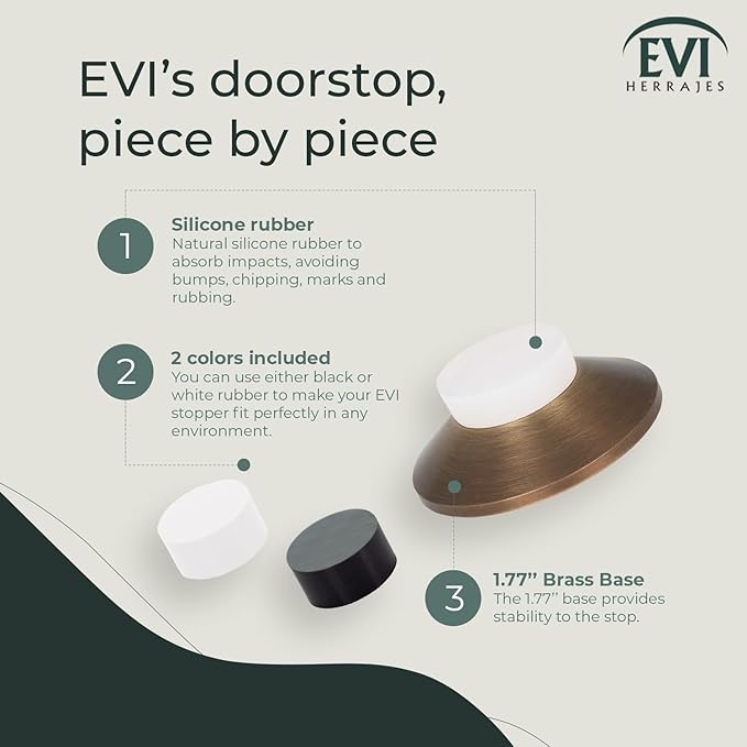 EVI Herrajes | Doorstop for Wall Placement | 45 x 17 mm | Antique Brass | Black and White Rubber Included | Adhesive Installation or with Screw