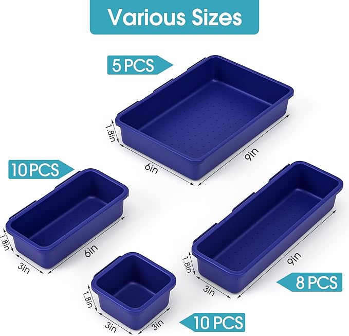33 PCS Drawer Organizer Set, 4 Size Makeup Drawer Divider Organizer With Non-Slip Pads, Interlocking Plastic Storage Bins for Office,Jewelry Vanity,Gadgets, Bathroom,Kitchen, Navy