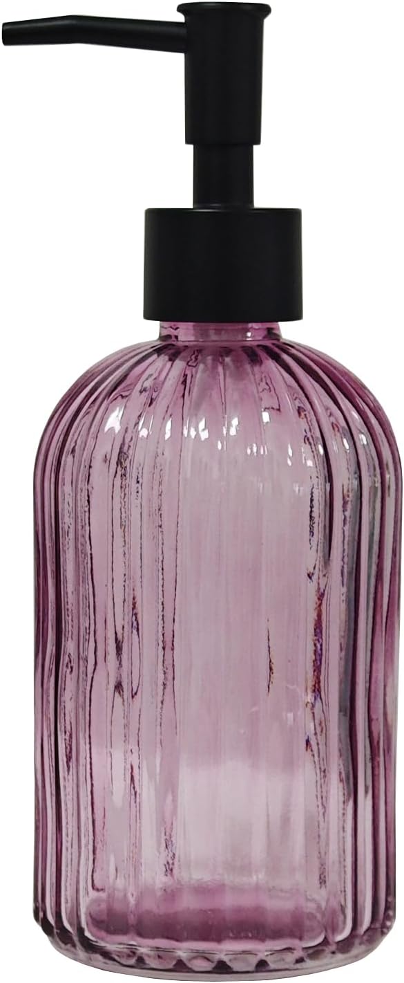 Black Pump Glass Soap Dispenser, 13.5oz Purple Stripe Countertop Refillable Liquid Bottle Hand Dish Lotion Dispenser with Plastic Pump, for Kitchen, Bathroom Countertop