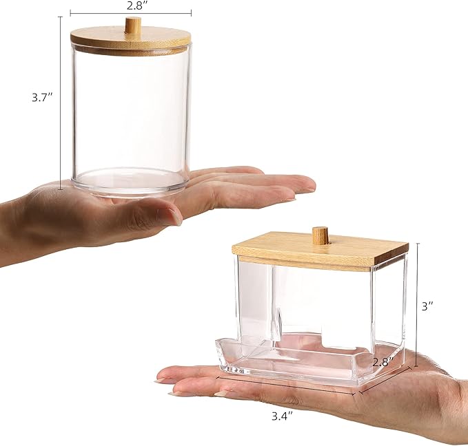 Tbestmax Qtips Holder Bathroom Container, 10/7 OZ Cotton Ball/Swabs Dispenser, Apothecary Jar Organizer for Storage Wood Lids