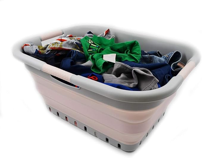 SAMMART 41L Collapsible Plastic Laundry Basket - Foldable Pop Up Storage Container/Organizer - Portable Basket - Space Saving Hamper/Basket (3 handled rectangular, Grey/Pink)