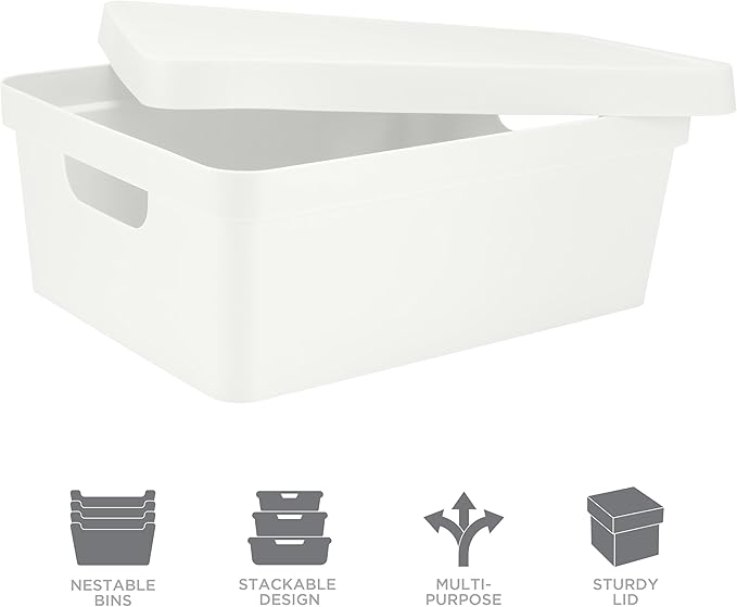 Simplify Medium Vinto Storage Box | Stackable | Home Organization | Bathroom | Accessories | Closet | 2 Handles | White