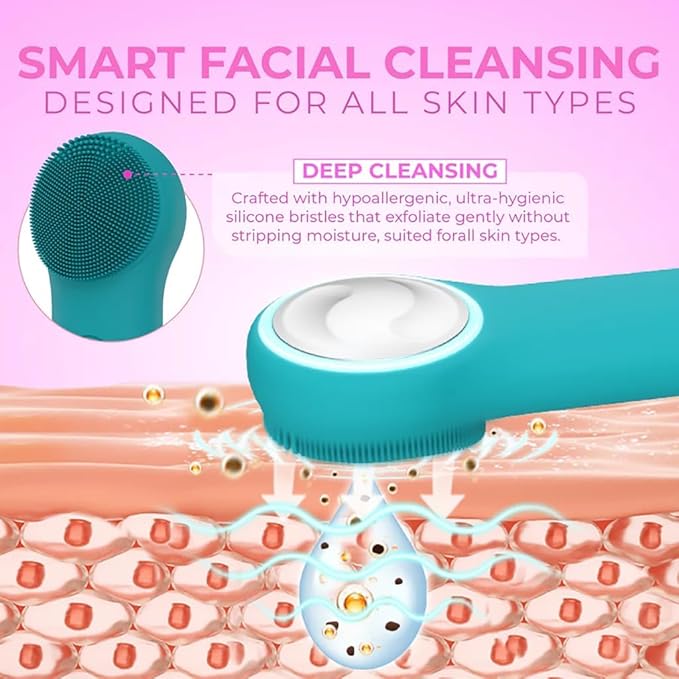 Riki Radiant Electric Silicone Face Scrubber - 2-in-1 Facial Rotating Vibrating Exfoliating Brush - Waterproof & Portable, Rechargeable, for Cleaning, Exfoliation, Massage, for Men & Women (White)