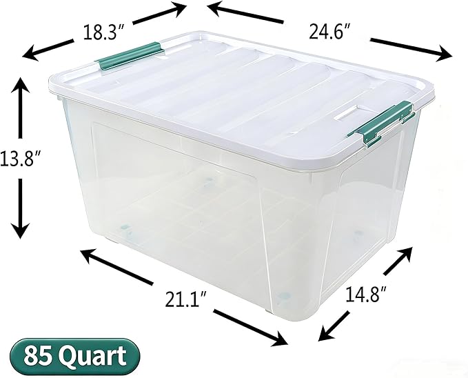 Parlynies 85 Quart Plastic Storage Bin, Stackable and Nestable Storage Boxes with Lids and Secure Latching Buckles, Large Storage Container for Home, Office, Garage (Clear, 85QT-4Pack)