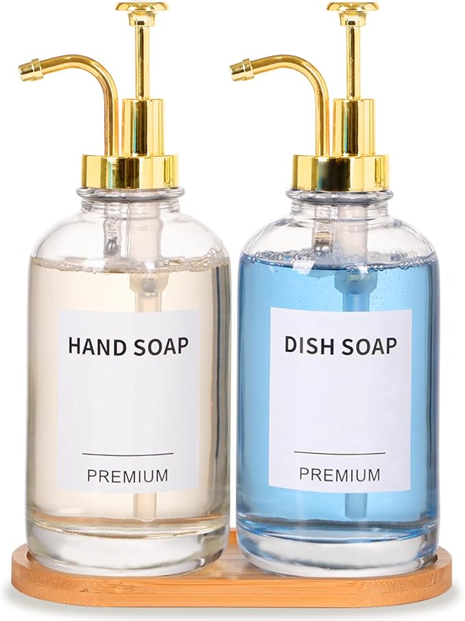 Dish Soap Dispenser for Kitchen, Hand Glass Soap Dispenser Set with Pump, Tray, Funnel for Bathroom, Shower, Laundry, Liquid, Lotion (Gold 2 Pack 18 Oz Clear Bottles with 12 Stickers)