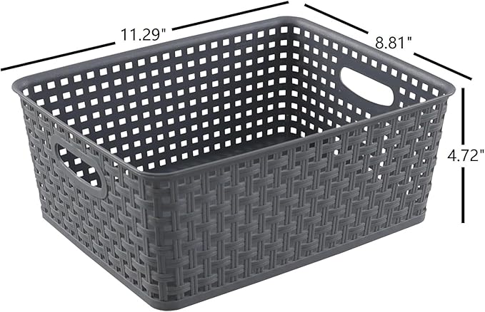 Readsky Plastic Woven Storage Basket with Handle, Gray, 4 Packs