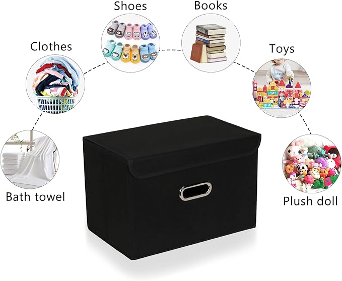 Fabric Foldable Collapsible Storage Cube Bin Organizer Basket with Lid, Handles, Removable Divider for Home, Closet (Black, 3Pcs)