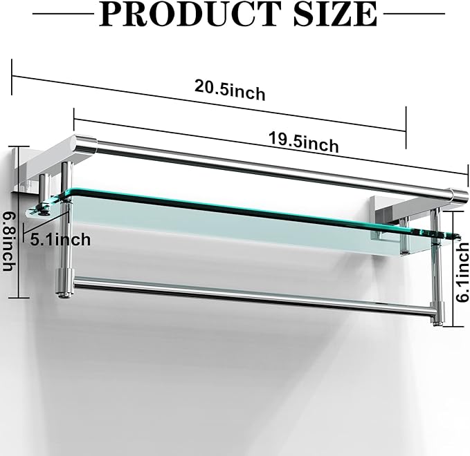 SFGSOWOR Bathroom Glass Shelf with Towel Rack Organizer Wall-Mounted Bathroom Storage SUS304 Stainless Steel Towel Bar/Track Wall-Mounted Tempered Glass Shelves (Chrome Polished, 20-inch)