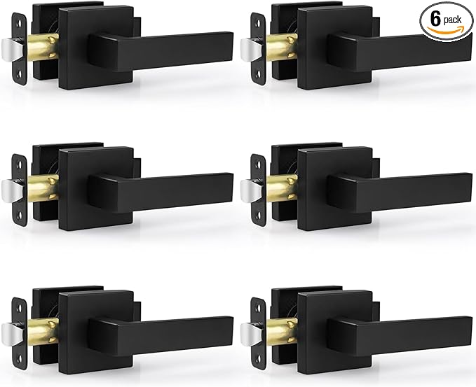 Estmoon 6 Pack Door Handles Matte Black - Passage Door Knobs Interior Square Door Levers, Heavy Duty Non-Locking Leversets Hall Closet Handles, Reversible for Right & Left Sided Doors
