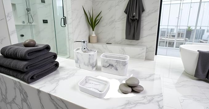 Hymmah Marble Pattern Bathroom Accessories Set, Toothbrush Holdr Set, 3 Pieces Resin Bathroom Set with Toothbrush Holder, Soap Dispenser, Soap Dish,Tumbler (Marble)