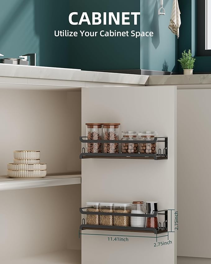 Doakhirmit Wall Mounted Spice Rack with 16 Hooks, Rustic Wood Spice Organizer Shelf for Stove Cabinet Pantry Door,Screw or Adhesive Hanging Spice Shelf,Wall Spice Rack in Kitchen and RV,2 Pack