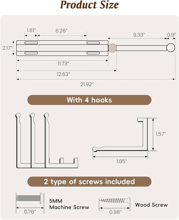 Valet Rod for Closets, 12" Valet Rod With 4 Large Hooks, Closet Organizer Slide Out Clothing Hanger Rods Extender Perfect for Suits,Dresses,Belt,Tie, Polished Chrome