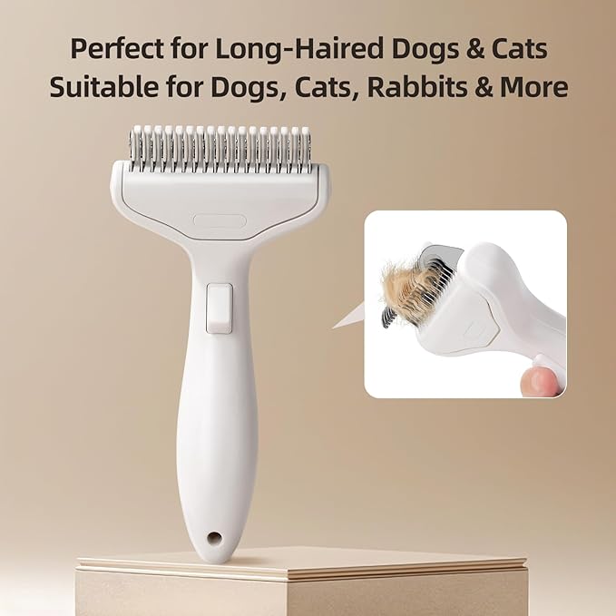 Pet Grooming Combo Tool for Cats and Dogs, Deshedding and Dematting Rake with Metal Comb forDetangling Long, Matted Fur (White)