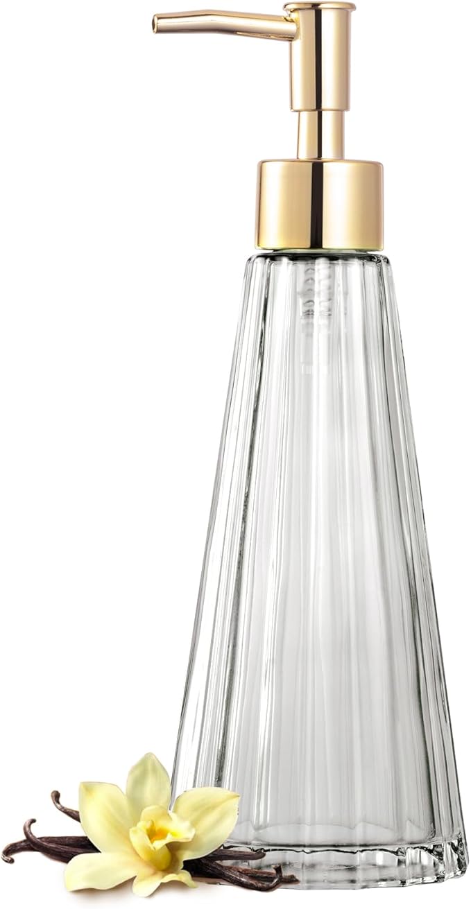 EMPO Vintage Elegant Glass Soap Dispenser, Liquid Soap/Sanitizer/Shampoo Bottle with Pump, Rustic Farmhouse Decor Crystal Hand Soap Dispenser Bathroom Accessories (Clear)