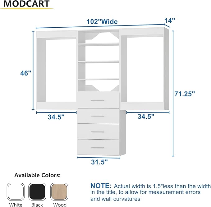 Modular Closet System, 102" Wide Closet Organizer System with Hanging and Drawers, Wood Tower Closet Storage for Walk In Closets, Wall Mounted Wardrobe Organizer Kit System, Bedroom, White
