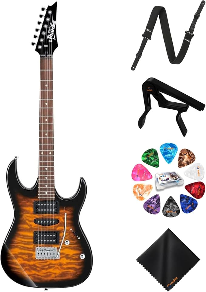 Ibanez 6-String Solid-Body Electric Guitar (Sunburst) - Right Handed Bass with GSF50 Powerpad Strap, String Capo, 15 Pack Guitar Picks with Storage Box & Microfiber Cleaning Cloth (Bundle Set)
