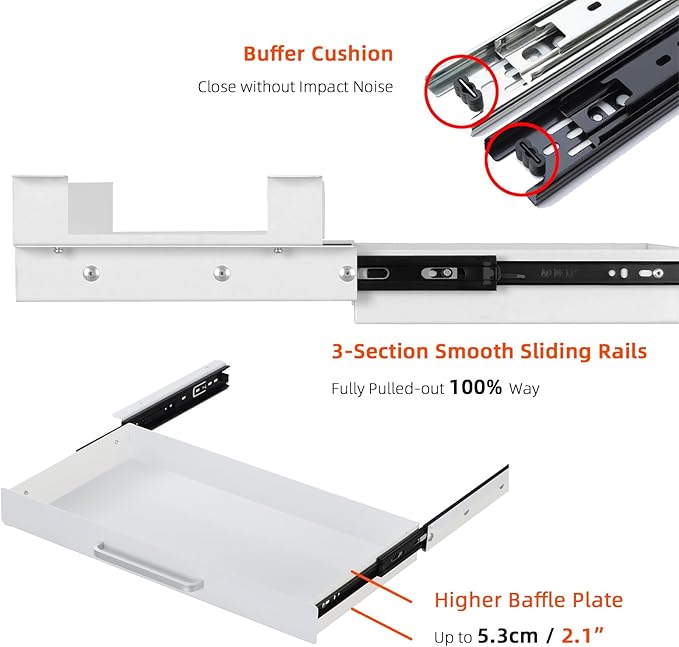 Under Desk Drawer White 21" with 4 Divider Trays, Under Shelf Pencil Drawer Pull-out, Standing Desk Metal Storage Attachment Slide Out for Workbench