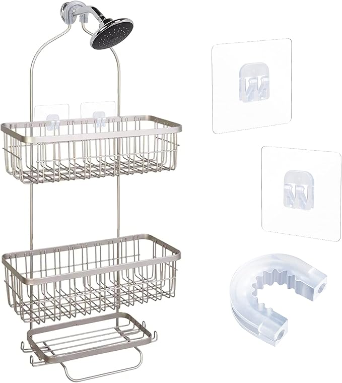 YeeBeny Bathroom Shower Caddy Connector with 2pcs Adhesive Sticker, Simple Household Items, Hook Mount for Shower Caddy Basket Bathroom Shelf Compatible with Zenna Home, GeekDigg, Decobros
