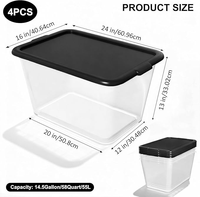 Storage Totes with Lids - Made in USA 14.5-Gallon (58-Quart) 4-Pack Clear Plastic Storage Bins with Black Lids Storage Containers Large Storage Boxes Organizer for Home, Office, and Garage