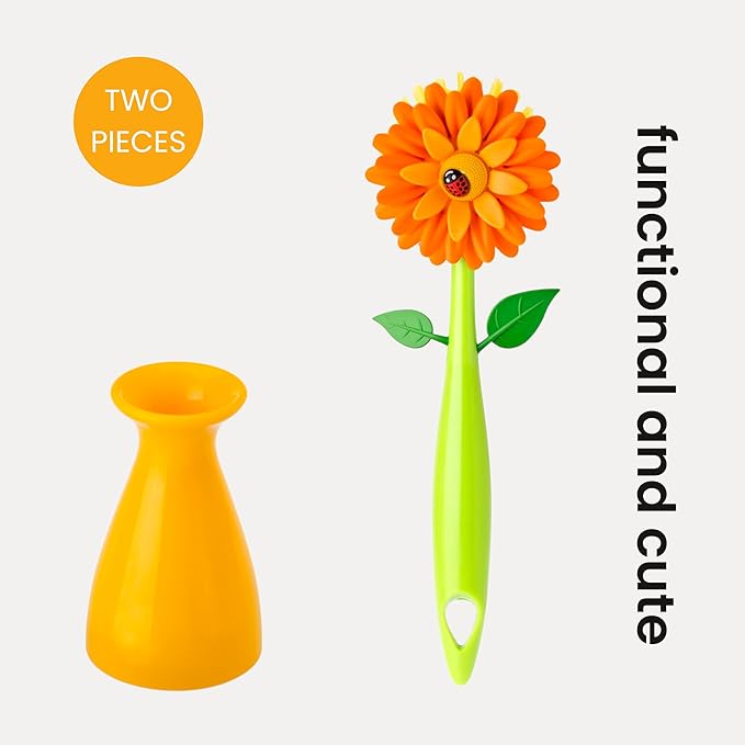 Vigar Flower Power Dish Brush with Handle and Vase Dish Brush Holder, Kitchen Scrub Brush for Pot Scrubber, Dishes, and Sink Cleaning, Orange, Green
