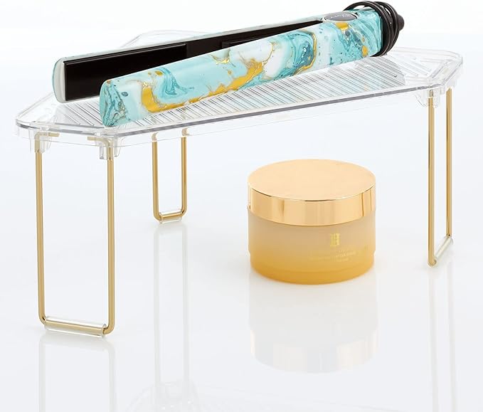 mDesign Plastic/Steel Corner Stackable Rack, Storage Organizer Shelf for Bathroom, Vanity, Countertop, Sink, Cabinet, Holds Makeup, Shower Accessories, Ligne Collection - 2 Pack - Clear/Soft Brass