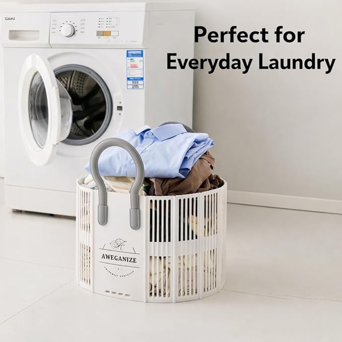 40L Collapsible Plastic Laundry Basket with Strong Handles – Sturdy Space-Saving Design for Daily Laundry Loads, Apartment & Home Use – White