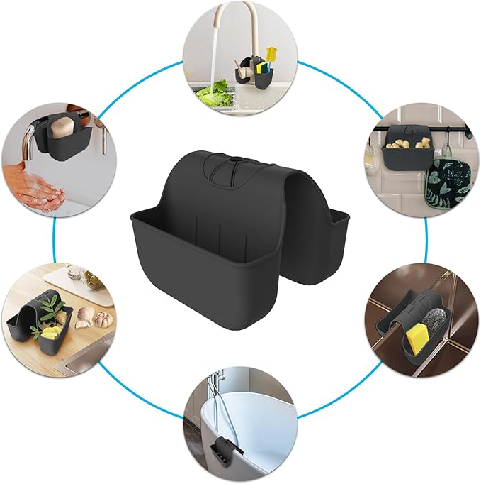 Sponge Holder for Kitchen Sink, Silicone Sink Saddle Caddy Organizer Rack, Sponges Holder Over Faucet, Hanging Kitchen Organizer Accessories Rack Basket-Black
