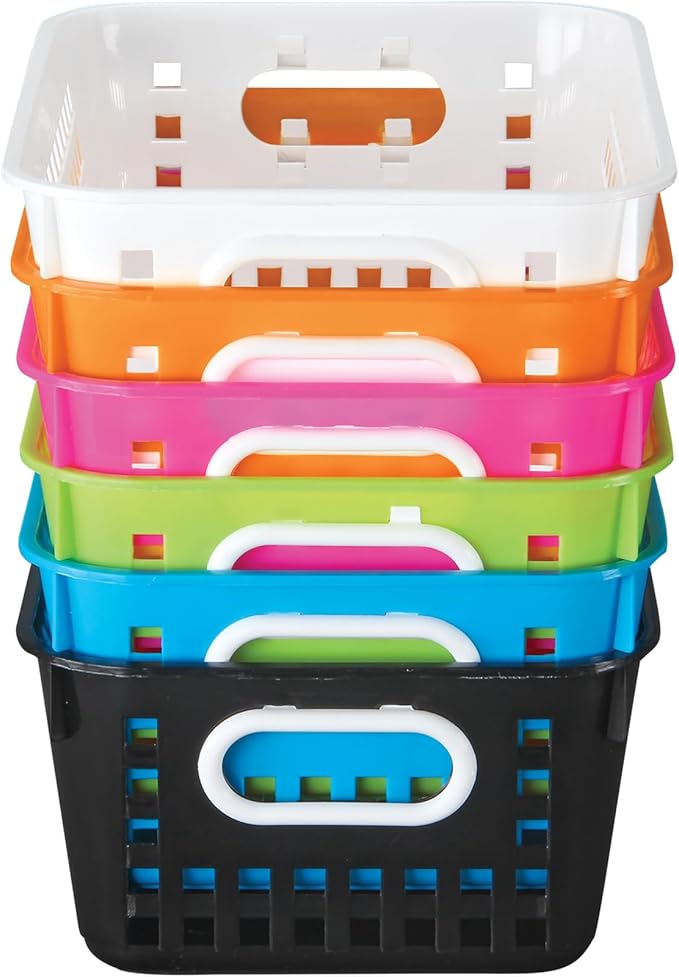 Really Good Stuff Neon Pop 6-Pack Medium Book Baskets - Durable Plastic Paper Storage Bins with Handles for Classroom Library - Storage for Classroom Organization - Vibrant Neon Colors