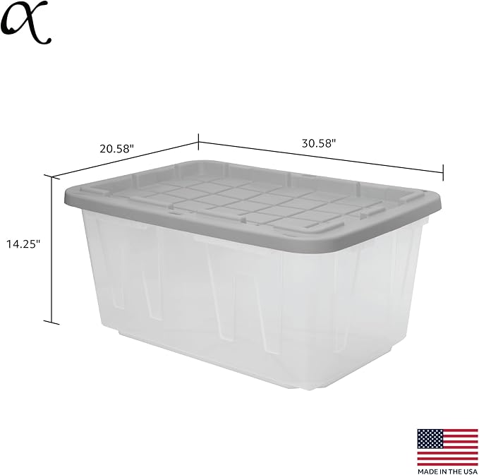 CX BLACK & YELLOW 27-Gallon Heavy Duty Clear Storage Bins with Lids, Stackable Plastic Storage Bins with Weather-Resistant Design, Home Organization, Clear & Grey, 4 Pack (14.3H x 20.6W x 30.6D)