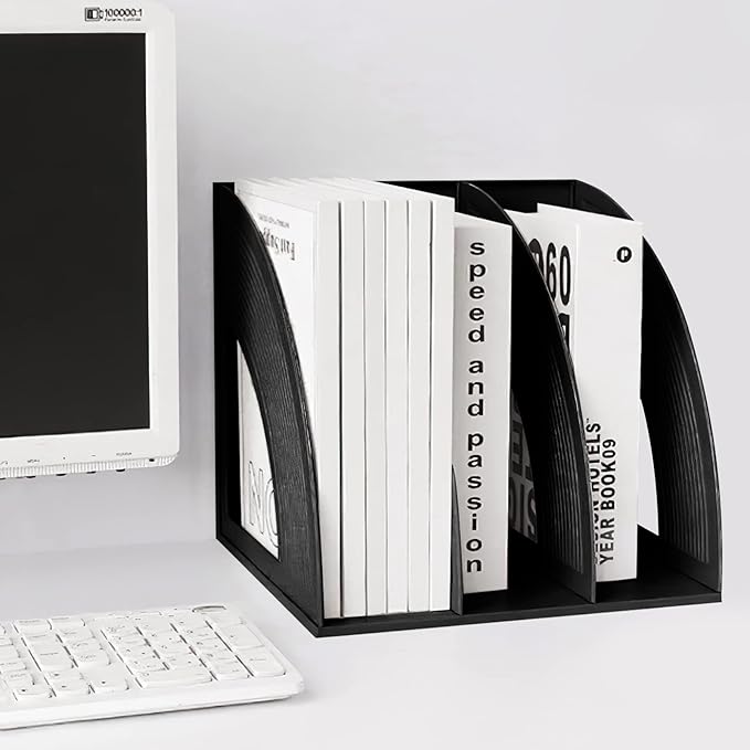 SAYEEC Magazine Holder Sturdy Binder Holder Desk File Sorter Plastic File Folder Organizer Stand Book Shelf Dividers Vertical Storage Rack Desktop Bookshelf Display Box for Office School Home (Black)