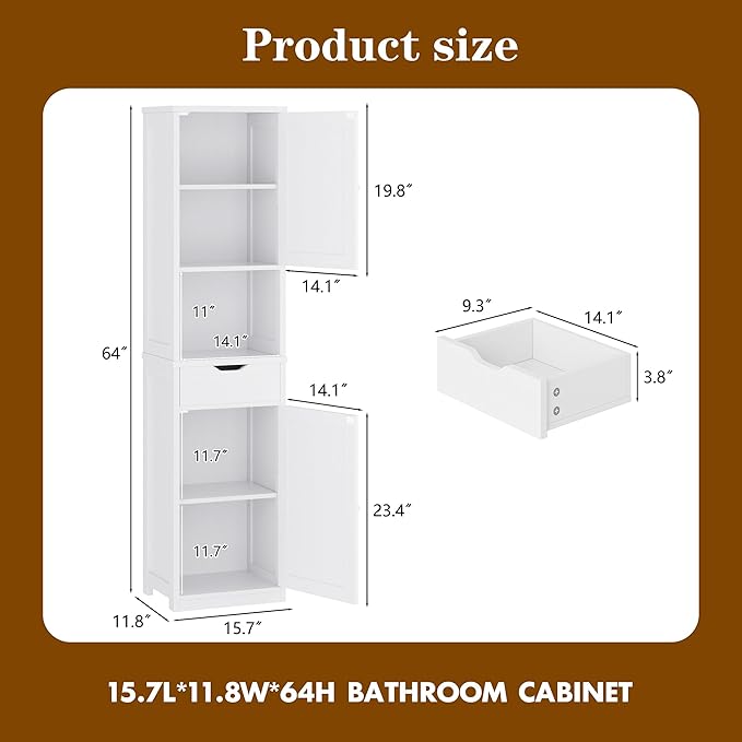 Walsunny Tall Bathroom Storage Cabinet with Freestanding Adjustable Shelves, Narrow Storage Linen Cabinet with 2 Doors and 1 Drawer for Bathroom, Living Room, Kitchen(White)
