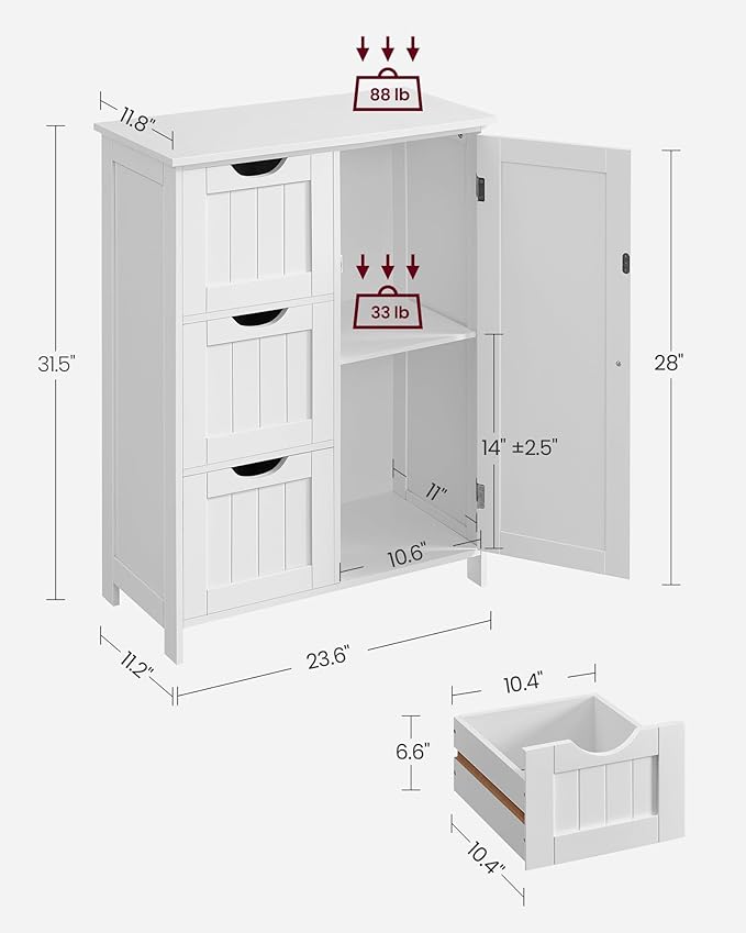 VASAGLE Floor Storage Cabinet, Freestanding Storage Unit with 3 Drawers, 1 Adjustable Shelf, for Bathroom Living Room Dining Kitchen, 11.8 x 23.6 x 31.5 Inches, Cloud White UBBC049WH01S