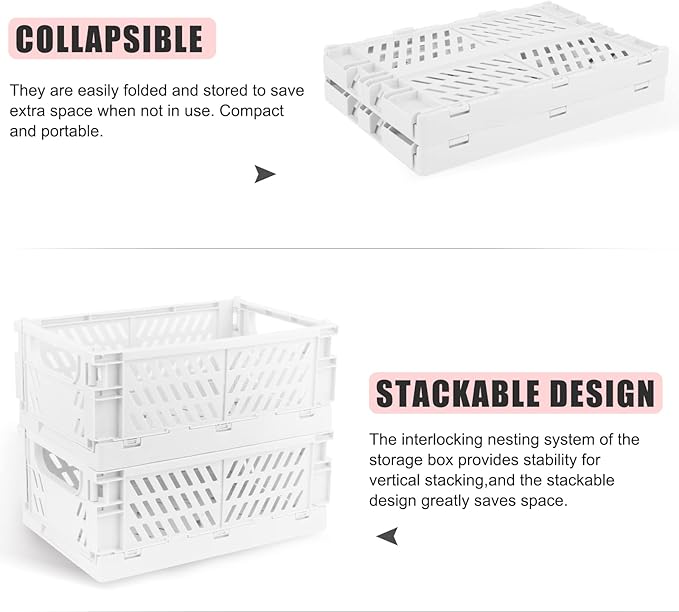 Plastic Storage Baskets for Desk Organizing, Office Drawer Organizer, 2 Medium+2 Small Durable Folding Storage Crate for Home Kitchen Classroom Office Bedroom and Bathroom Storage (White)
