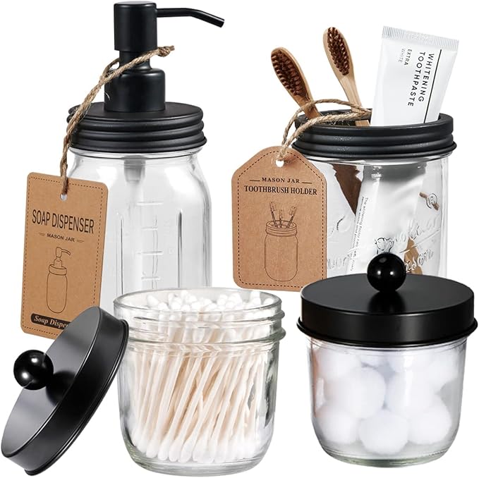 Amolliar Mason Jar Bathroom Accessories Set(4 Pcs) -Lotion Soap Dispenser &Cotton Swab Holder &Toothbrush Holder-Rustic Farmhouse Decor Apothecary Jars Vanity Organizer-Rustic Farmhouse Decor (Black)