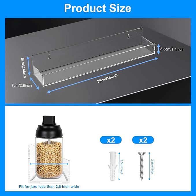 Clear Acrylic Spice Rack Wall Mounted 15 inch Floating Shelf with Removable End Guards for Kitchen Cabinet Door Cupboard Bathroom Holds Jars Nail Polish Books Toiletries 6 pcs