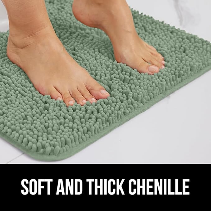 GORILLA GRIP Plush Absorbent Shaggy Chenille Bath Rug Mat for Square Toilet Base with Rubber Backing, Machine Washable Rugs, Soft Microfiber Contour Mats for Toilets, Bathroom Decor, Sage