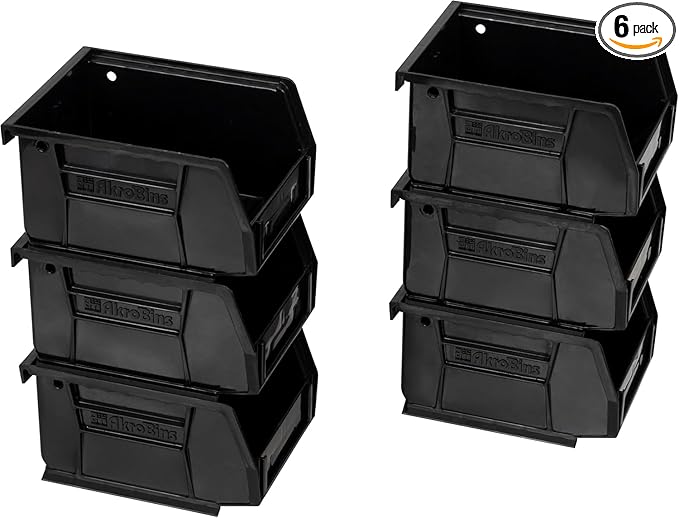 Akro-Mils 30210 AkroBins Plastic Storage Bins, Space-Saving Stackable Bins for Garage, Pantry, Craft Organization, 5" x 4" x 3", Black, 6-Pack