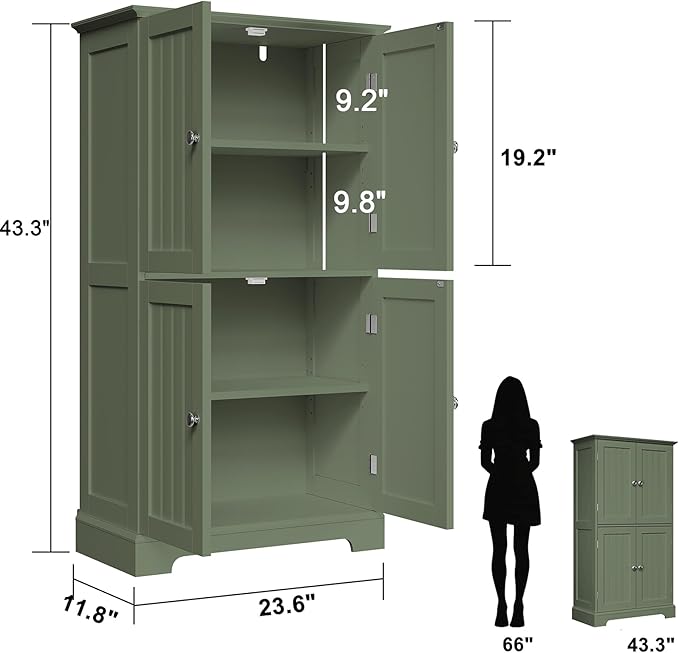 ChooChoo Bathroom Floor Cabinet, Modern Bathroom Storage Cabinet with 4 Doors and Adjustable Shelves, Freestanding Cupboard for Living Room, Green