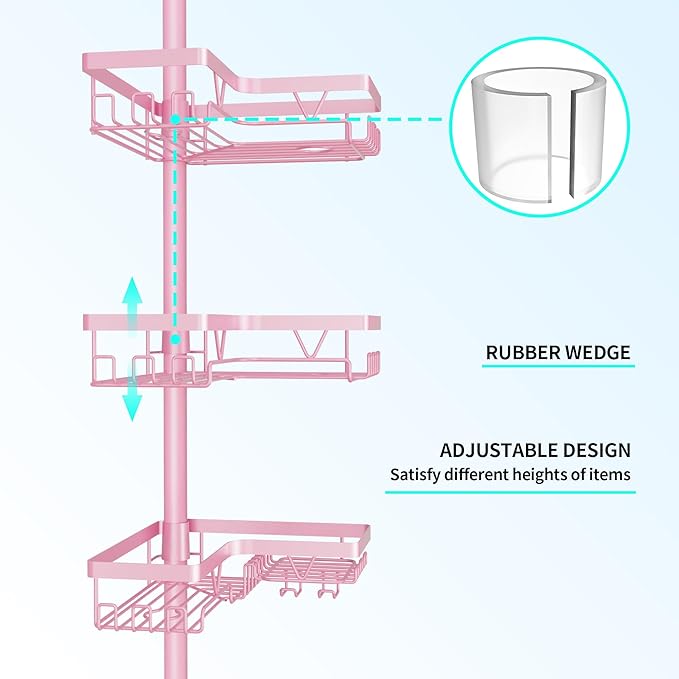 Corner Shower Caddy Tension Pole - Pink - Rustproof Adjustable Bathroom Organizer Shelf for Shampoo, 25–114.2 Inch Shower Rack for Renters, Apartments
