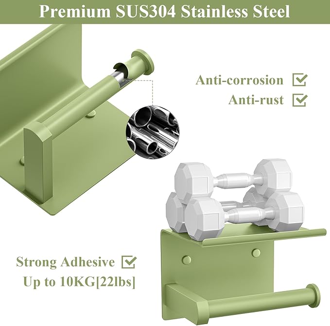 Tindbea Toilet Paper Holder with Shelf Adhesive or Screw Wall Mounted Toilet Paper Roll Dispenser Storage, Stainless Steel Bathroom Shelf Holder Accessories (Soft Sage Green)