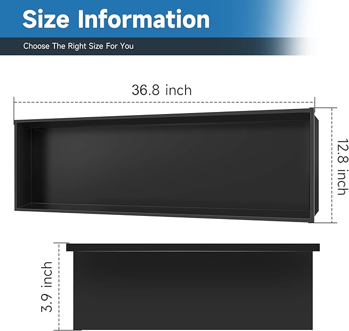 BATHFINESSE Shower Niche Insert Tile Ready, Bathroom Livingroom Wall Niche, Long Shower Niche 37" X 13", Black, No Tile Needed Over Mount Installation