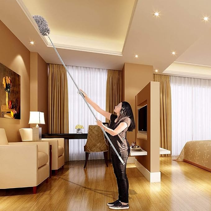 Microfiber Duster with Extension Pole(Stainless Steel) 30 to 100'', with Bendable Head, Extendable Long Duster for Cleaning Ceiling Fan, High Ceiling, Keyboard, Furniture Cars Gray