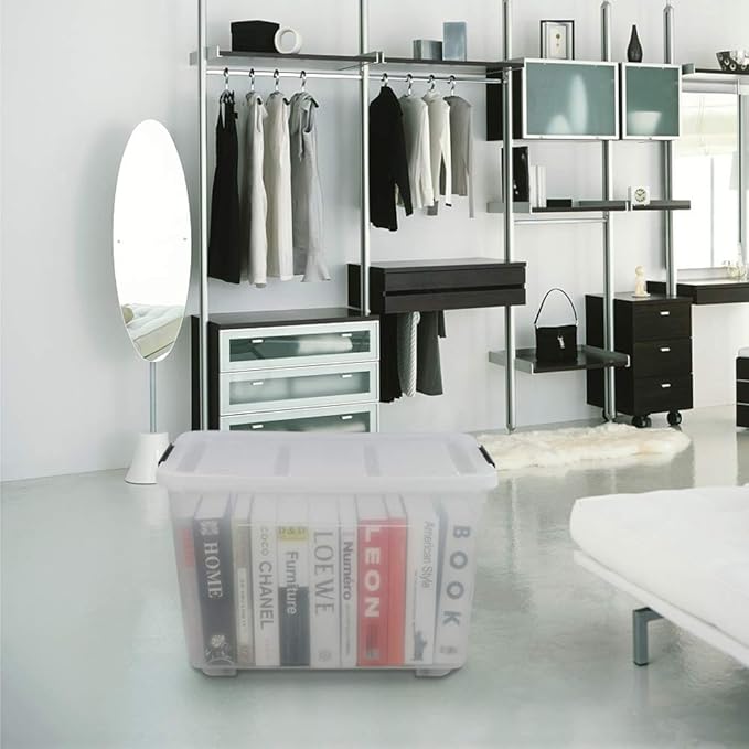 Callyne 70 L Clear Plastic Large Storage Box with Wheels, Set of 4 LargeLatch Plastic Box for Storage