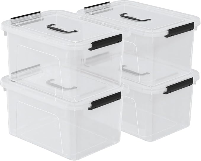 Drephia 4-Pack Clear Storage Bins Containers Boxes with Lid and Handle, 17.5 Quart Plastic Storage Bin