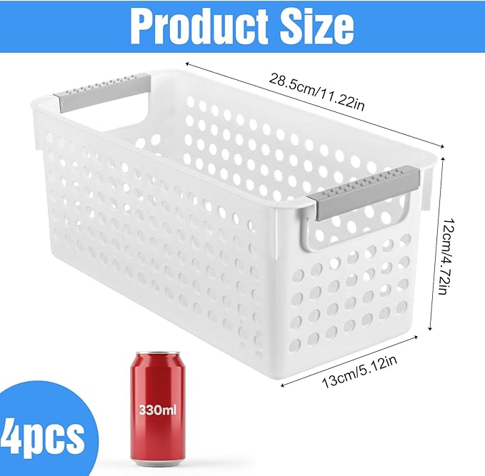 4 Pack Slim Plastic Storage Baskets with Handles,White Rectangular Small Plastic Baskets,Narrow Storage Bins for Organizing, Kitchen,Home,Office