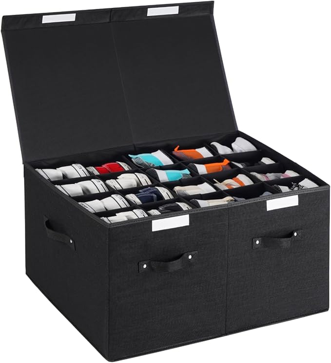 Large Shoe Organizer for Closet Fits 20 Pairs, Shoe Storage Box Bins Containers with Lid and Adjustable Dividers for Shoes, Sneakers and High Heeled, Hard Shell and Stackable （Black）